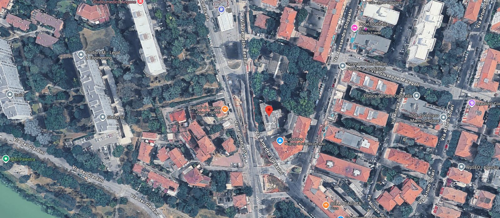 Mappa satellitare con la posizione dello studio in Via Genuzio Bentini 1/a, Bologna